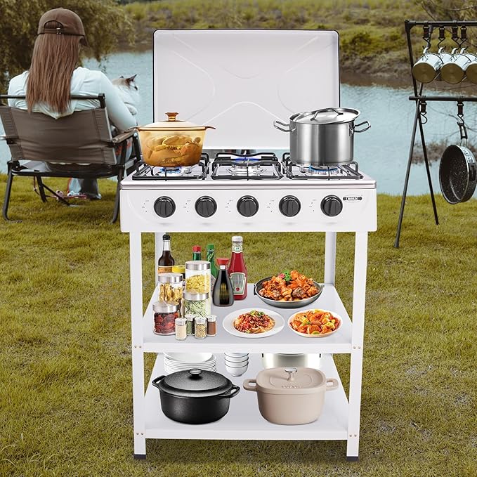 Natural Gas Stove, Outdoor 5-Burner Stove, Portable Natural Gas Stove with 2 Placement Boards and Windshield for Outdoor Camping, Fishing, RV Travel (White)