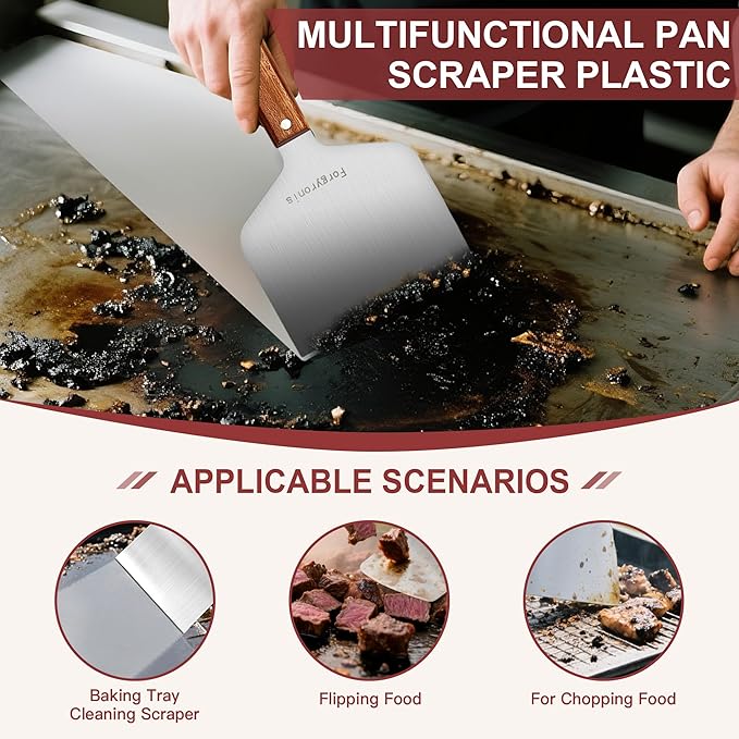Griddle Scraper Set Includes A Wide Grill Scraper (Burger Scraper, Spatula Burger), 2 Stainless Steel Cleaning Scrapers and 3 Pan Scraper, Griddle Cleaning Kit for Blackstone.