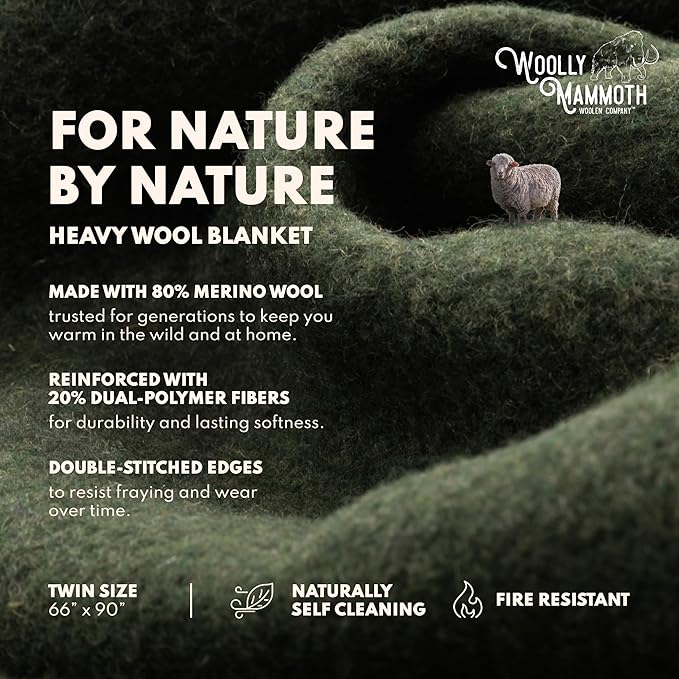 Woolly Mammoth Woolen Company Merino Wool Throw Blanket - 66 x 90 in, 4 lb, Hunter Green - Heavyweight & Breathable - Camping Essentials & Hunting Essentials