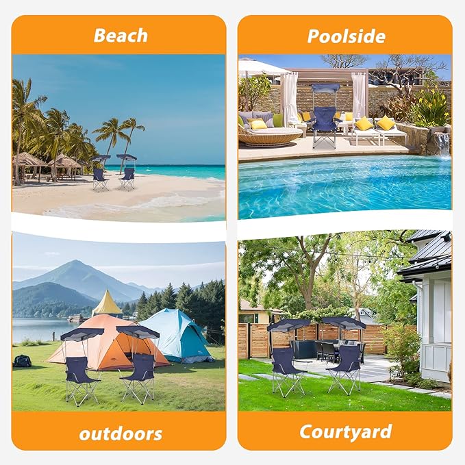Camping Chair 2 Pack Portable Camping Chair with Canopy,Folding Chair with Canopy, Durable 600D Oxford Canopy Chair for Camping, Beach, Picnics, Fishing & Sports,NavyBlue