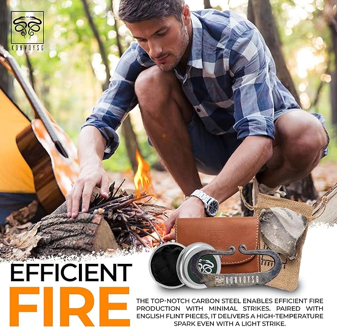 Carbon Steel Fire Striker, English Flint Stone & Char Cloth Traditional Hand Forged Fire Starter, Leather Gift Kit with Emergency Tinder Jute Bag