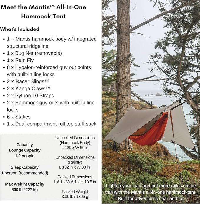 KAMMOK Mantis Hammock, All Seasons, Mosquito Net, Storage Bag, Camping, Outdoor Activities - Pine Green