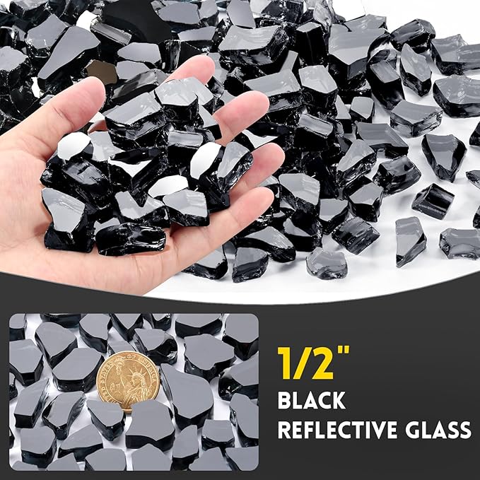 10 Pounds Fire Glass 1/2 Inch High Reflective Tempered Firepit Glass Rocks for Fireplace, Fire Pit Table, Fire Bowl and Landscaping (Onyx Black)