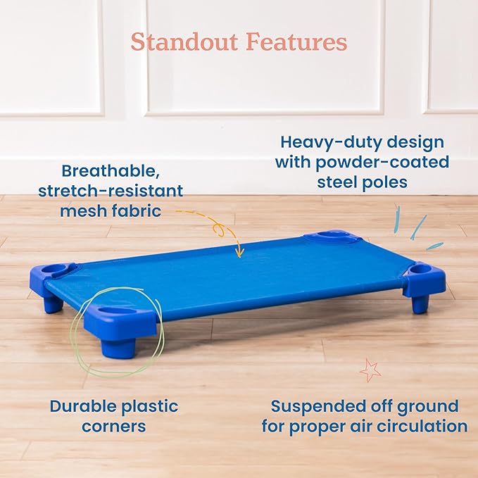 ECR4Kids Stackable Kiddie Cot, Ready-To-Assemble, Toddler Size, Classroom Furniture, Blue, 6-Pack