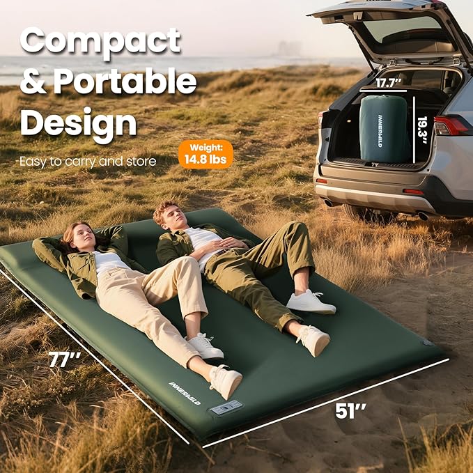 Double Camping Sleeping Pad with Electric Pump, 3.15" Thick 2 Person Self Inflating Memory Foam Mattress Pad with Pillow, Portable Sleeping Mat for Travel, Car, Tent, Home - Green, Full Size