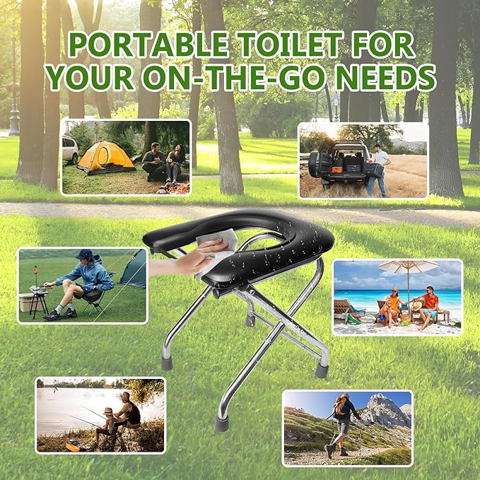 BLIKA Portable Toilet for Camping, 350LBS Stainless Steel Foldable Camp Travel Toilet with Soft Seat for Adults, Portable Potty for Camping, RV Travel, Road Trips, Includes Waste Bags with Gel
