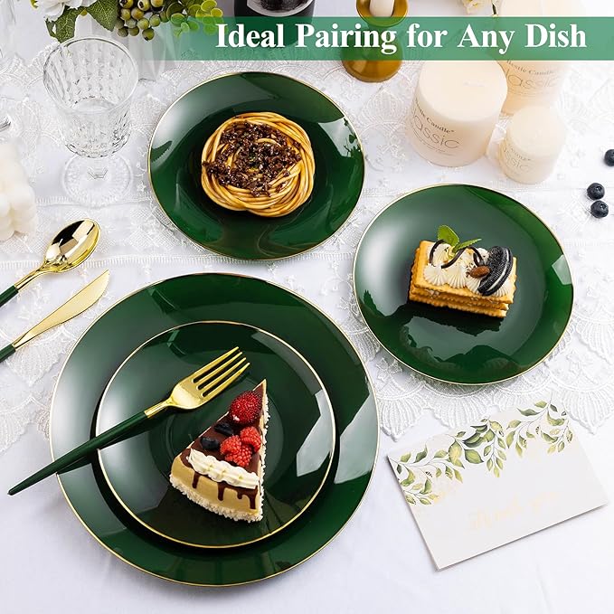 50PCS Green Gold Plastic Plates, Green Disposable Plates for Party, Wedding, Include 25 Dinner Plates, 25 Dessert Plates for 25 Guests