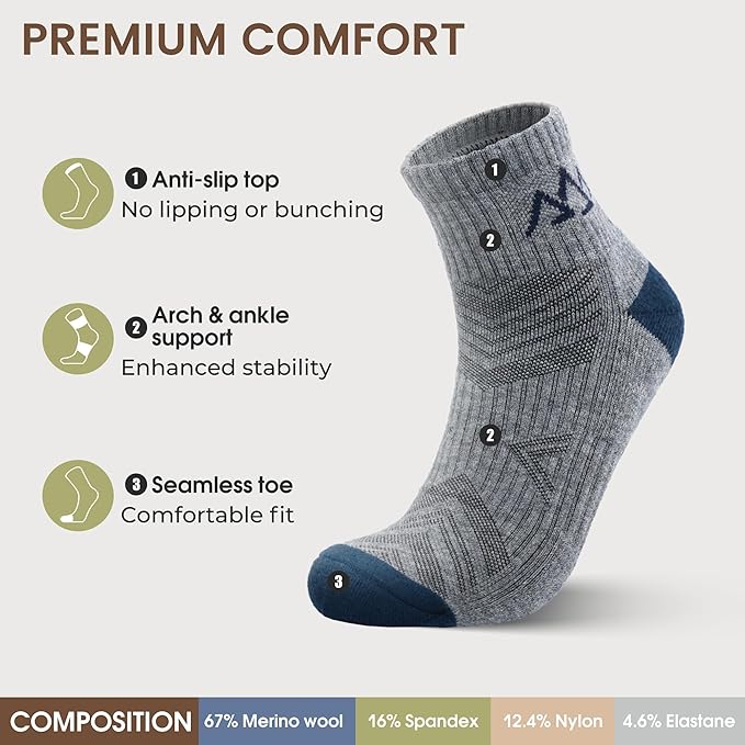 innotree Merino Wool Hiking Socks for Men & Women Quarter Ankle Compression Thick Cushion Breathable Anti Odor Socks, 5 Pairs