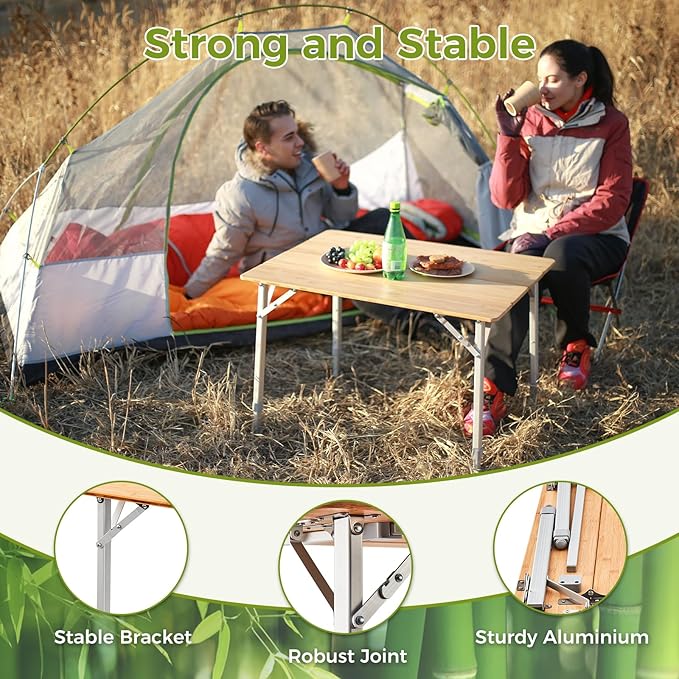 ATEPA Wooden Folding Table, Adjustable Height Folding Tables Environmental Bamboo Camping Table with Aluminum Legs Carry Bag for Travel Picnic Beach Fishing Outdoor Indoor, 2-4 Person