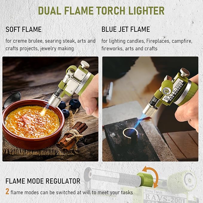 RAVS Butane Torch Lighter, DUAL Flame Mode Kitchen Torch Cooking Torches, Creme Brulee Torch lighters butane refillable, Mini Torch Micro Torch for Welding, Soldering Torch, Butane is Not Included