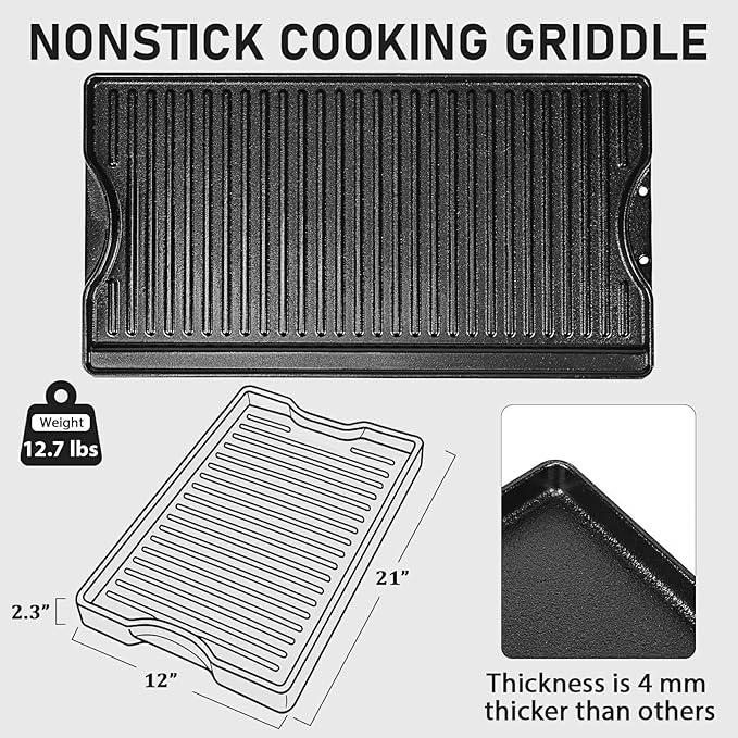 Utheer Nonstick Reversible Cast Iron Griddle 21"x 12", Ceramic Cooking Surface, Flat & Ribbed Sides, with High Sides & Grease Trap, Stovetop Griddle for Gas Grill, Electric, Oven & Outdoor BBQ