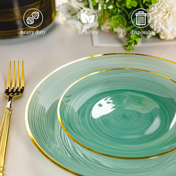 100PCS Transparent Green Gold Plastic Plates, 10 Inch Heavy Duty Disposable Dinner Plate with Gold Rim, Round Party Plates for Wedding, Party, Camping, Picnic, Birthday