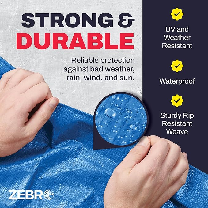 10' x 20' Blue Tarp with Grommets Reinforced - 5 Mil Thick - Durable UV Resistant Plastic Tarps Waterproof - Large Tarpaulin Cover for Outdoor Camping Over/Under Tent Tarp RV Roof Rain - Zebro