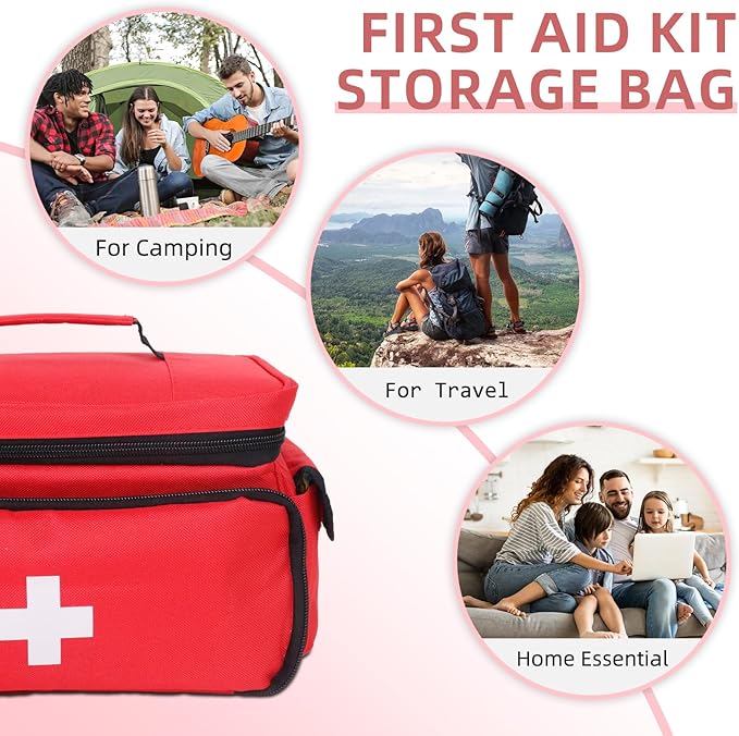 First Aid Bag Empty First Aid Kit Storage Bag Small Medical Bag Portable Medical Supplies Organizer for Travel, Home, Office, Car, Outdoor, Camping, Hiking, School (Red)