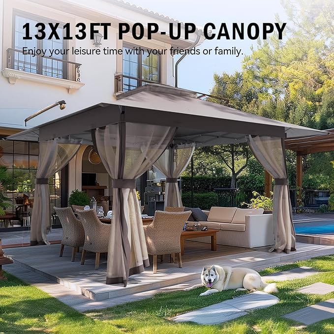 13x13 Outdoor Patio Gazebo with Mosquito Nettings - Double Roof Pop Up Canopy Tent with Wheeled Carry Bag, for Backyard Deck Lawns Garden (Brown, 13x13)