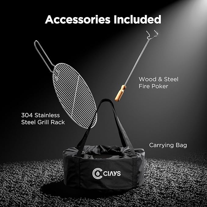 Ciays Smokeless Firepit, 19 Inch Fire Pit for Camping with Patented Technology, Portable Fire Pit for Outside with Steel Grill Rack, Fire Poker, and Bag, Easy Setup and Storage, Wood Burning (Black)