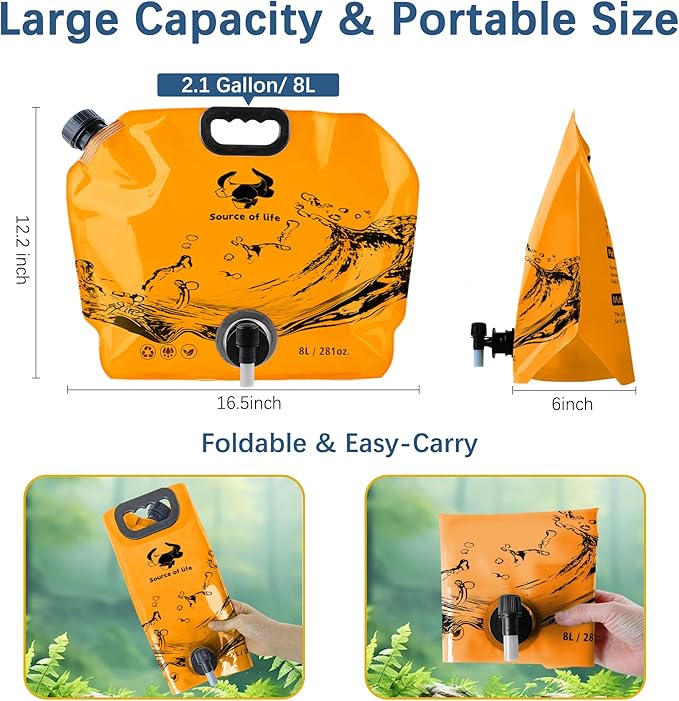 Camping Water Jug 2.1 Gallon CollapsibleWater Container Portable Water Bag for TravelOutdoor Hiking BPA Free Lightweight (Orange (2.1 Gal), 4)