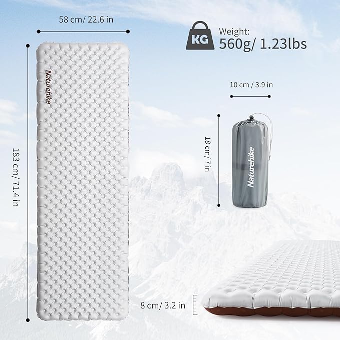 Naturehike Ultralight Insulated Sleeping Pad with R5.8, 3.2in Thickened Patchworkable Inflatable Double Sleeping Mat for Camping, Hiking, Climbing with Inflatable Bag
