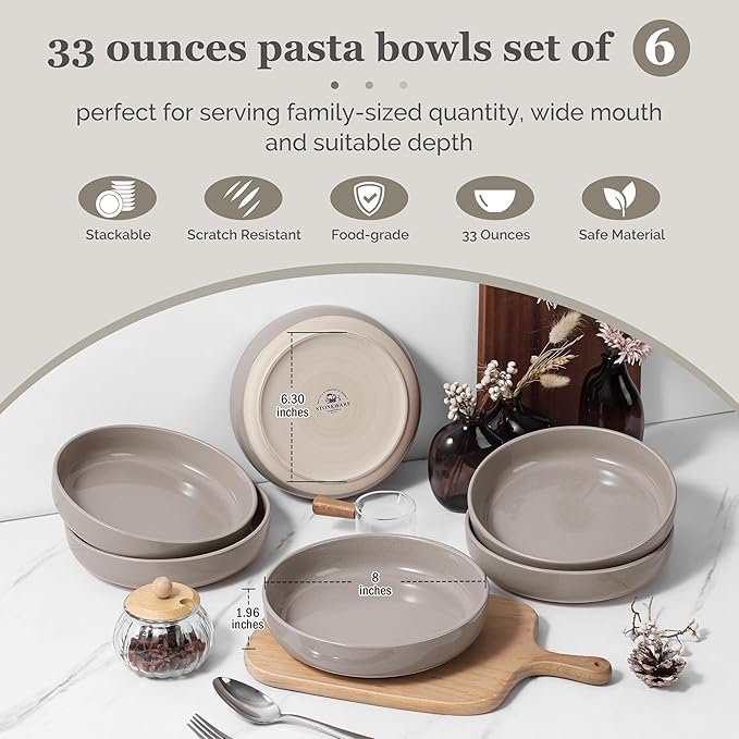 HaWare Pasta Bowls Set of 6, 33oz Large Salad Bowls for Home Kitchen, Ceramic Serving Plates for Soup, Cereal, Scratch-resistant Wide and Shallow Dinner Bowl, Microwave & Dishwasher Safe, Cream Coffee
