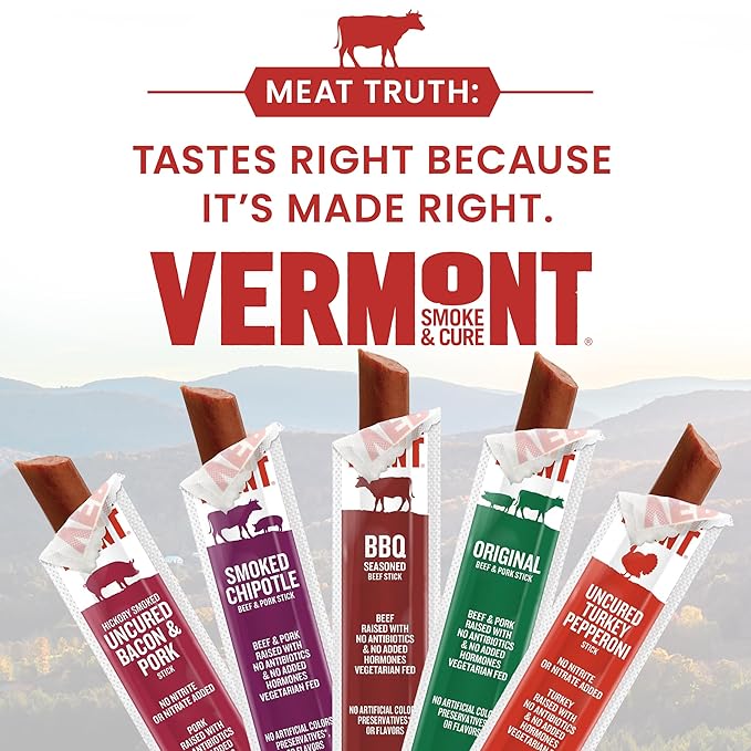Vermont Smoke & Cure Meat Sticks - Uncured Pork Bacon Sticks - Protein Snacks, No Antibiotics or Added Hormones, Hiking Snacks - 1 oz, 24 count carton