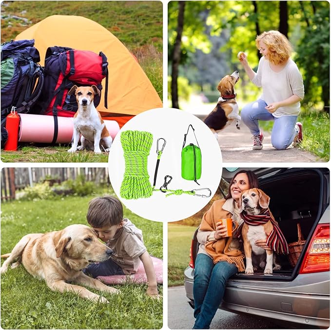 XiaZ Dog Tie Out Cable for Camping, 50FT Portable Overhead Trolley System for Dogs up to 300lbs,Dog Lead for Yard, Camping, Parks, Outdoor Events,5 min Set-up, Green
