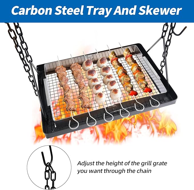 Campfire Swing Cooking Grill Stand, Portable Hanging Cooking Rack with Collapsible Legs Adjustable Grill Grate and Hooks for Outdoor BBQ Picnic Cookware Party