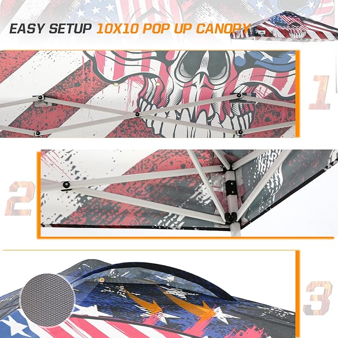EAGLE PEAK Pop Up Canopy Tent with Wheeled Carry Bag, 8 Stakes, 4 Ropes, 4 Weight Bags, Easy Set Up Tent Canopy, 10x10 ft, 100sqft of Shade, Americana Skull