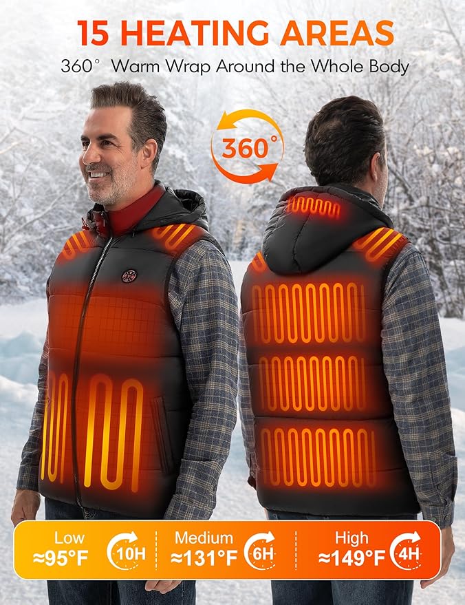 Men Heated Vest with Battery Pack Included, Hooded Electric Heating Vests 15-Zone Warming 7.4V for Hiking