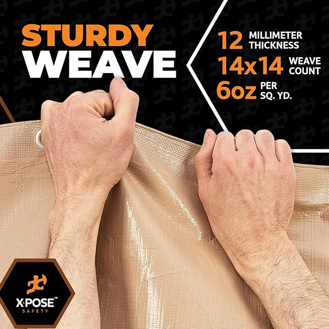 Heavy Duty Tan Poly Tarp 12' X 16' - Multipurpose Protective Cover - Durable, Waterproof, Weather Proof, Rip and Tear Resistant - Extra Thick 12 Mil Polyethylene - by Xpose Safety