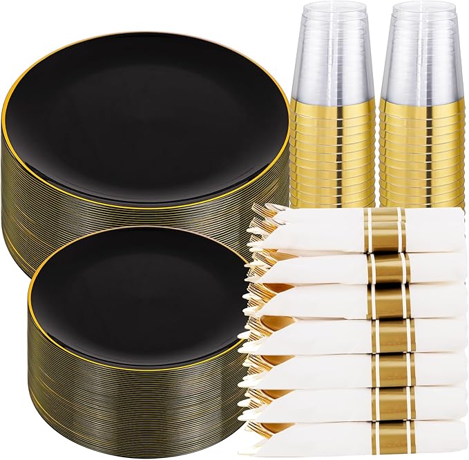KIRE 350 PCS Plastic Dinnerware Set for 50 Guests - Black and Gold Plates 50 for Dinner 50 for Dessert & 50 Pre Rolled Napkins with Disposable Silverware 50 Cups for Halloween Party/Banquet/Wedding