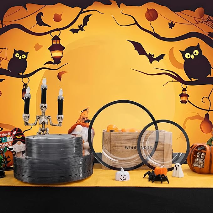 U-QE 120pcs Black Plates Disposable for Party - Clear Plastic Plates Disposable Heavy Duty - Include 60 10" Dinner and 60 7" Dessert Plate, Perfect for Halloween Party & Wedding
