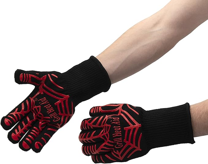 GRILL HEAT AID BBQ Grill Gloves Heat Proof for Grilling โ Fireproof 1472ยฐF Heat-Resistant Grill Mitts for Outdoor Barbecue and Smoker, Campfire, Fire Pit, Oven Glove with Fingers for Baking Pizza