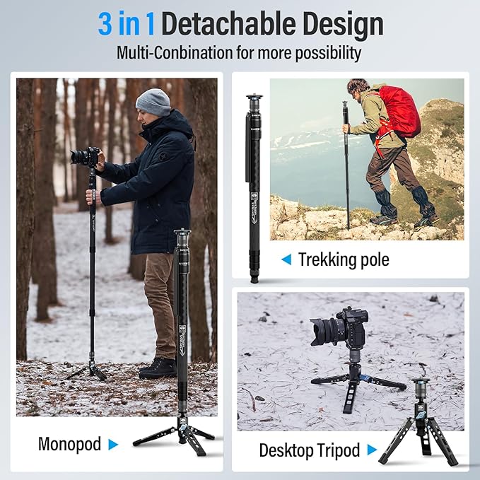 SIRUI SVM-145 Rapid Monopod with Feet, 57” Professional Carbon Fiber Camera Monopod, One-Step Rapid Height Adjustment, Lightweight Travel for DSLR Camera, Modular 3 in 1, Max Load 22lbs