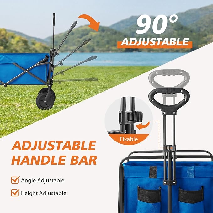 Collapsible Wagon Cart, 360lbs Heavy Duty Foldable Wagon with All-Terrain Wheels and Drink Holders, for Beach Camping Shopping Garden, Blue