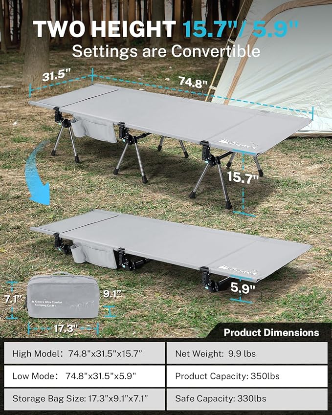 Gonex 31.5" Extra Wide Camping Cot with Leg Extenders 2 in 1 Portable Folding Cot for Adults Height Adjustable Supports 350lbs Sleeping Bed for Backpacking Travel Beach Home, Grey