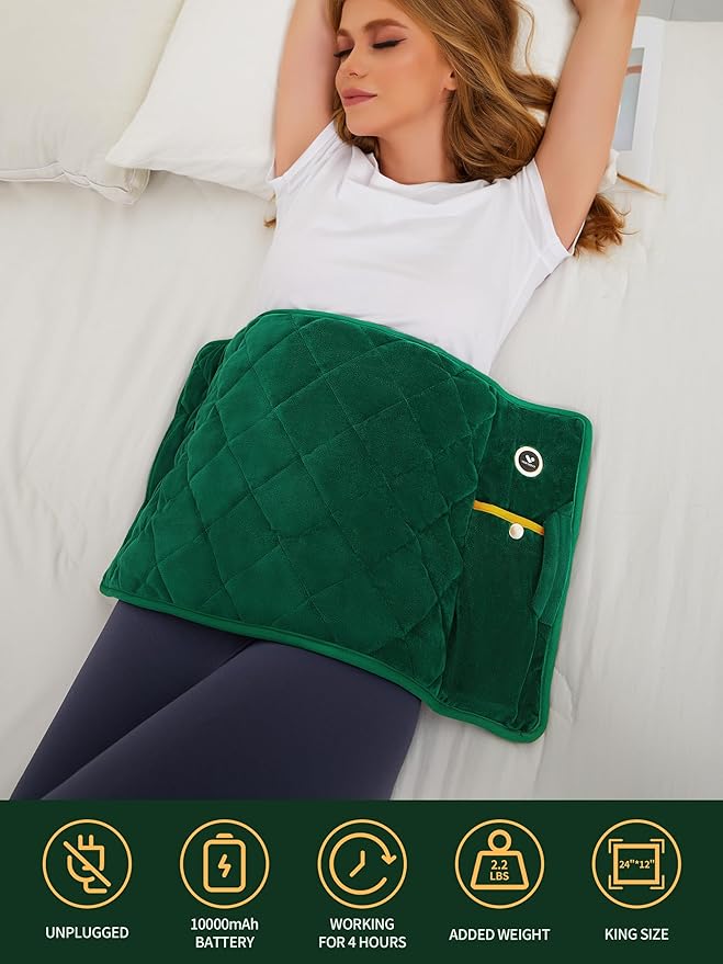 Vofuoti Weighted Heating Pad with Battery, 3 Heat Settings, Electric Portable Cordless Heating Pad for Back, Neck & Shoulder, Abdomen, Large Heated Pad for Women Men, 12" x 24", 2 lbs
