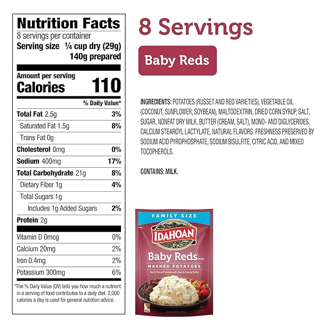 Idahoan Baby Reds Mashed Potatoes, Naturally Gluten-Free, 100% Real Idaho Potatoes, 8 servings per bag, 8 ounce (Pack of 8)