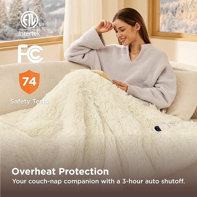 Bedsure Faux Fur Heated Blanket Throw Blanket, Fast Heating Fluffy Electric Blanket, Heated Throw with 4 Time Settings & 6 Heating Settings, Cozy Gifts for Women Men(50x60 inches, Cream)