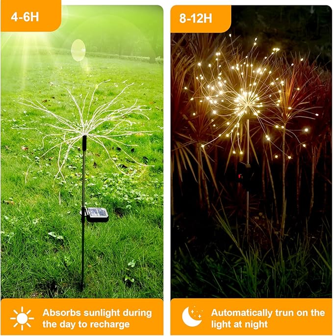 Solar Fireworks Lights for Outside, 150LED 8 Modes Fireworks Solar Lights Outdoor, Fairy Garden Flowers for Yard Pathway Wedding Party Christmas Diwali Garden Decor 2Pack (Warm White)