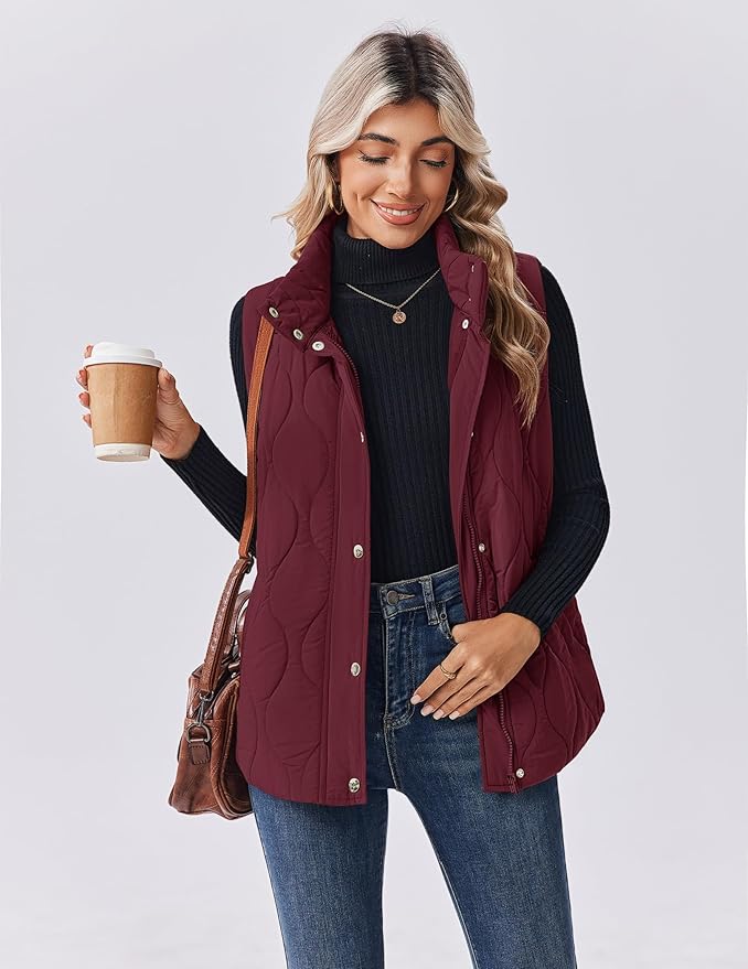 Zeagoo Puffer Vest Women Sleeveless Quilted Jacket Lightweight Snap Zip Up Stand-up Collar Down with Pockets Outerwear