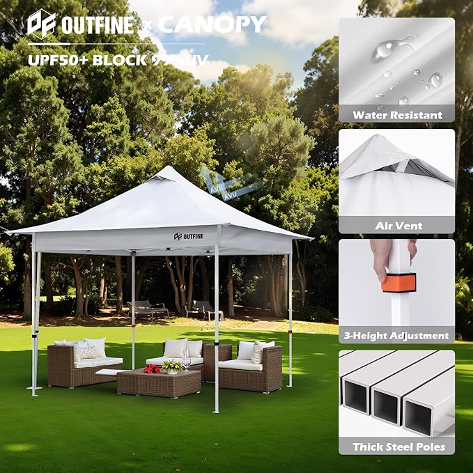 OUTFINE 10×10 Pop Up Canopy-Heavy Duty Canopy Tent with Sturdy Metal Frame(8×8 Base), Carrying Bag, Sandbags×4,Tent Stakes×8 for Events,Camping&Parties(White,10 * 10FT)