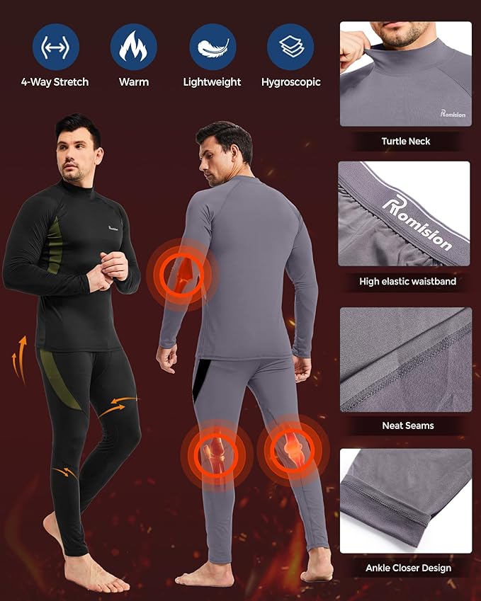 romision 2 Pack Thermal Underwear for Men Long Johns Fleece Lined Hunting Gear Bottom Top Set Base Layer Cold Weather XS-4XL