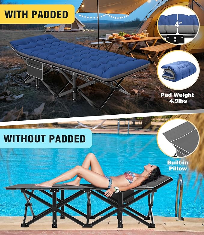 Slendor Oversized Camping Cot XXL, 79" L x 32" W x 19" H Folding Cots for Adults with Mattress, Carry Bag, Cots Bed for Tent, Office, Support 900lbs
