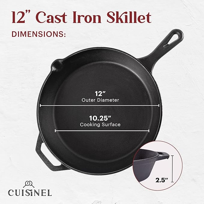 Cast Iron Skillet + Grill Press + Scraper Set - 12"-inch Pre-Seasoned Frying Pan + Silicone Handle Grip - 7" Round Burger Smasher - Indoor/Outdoor, Stove, Oven, Grill, Induction Kitchen Cookware