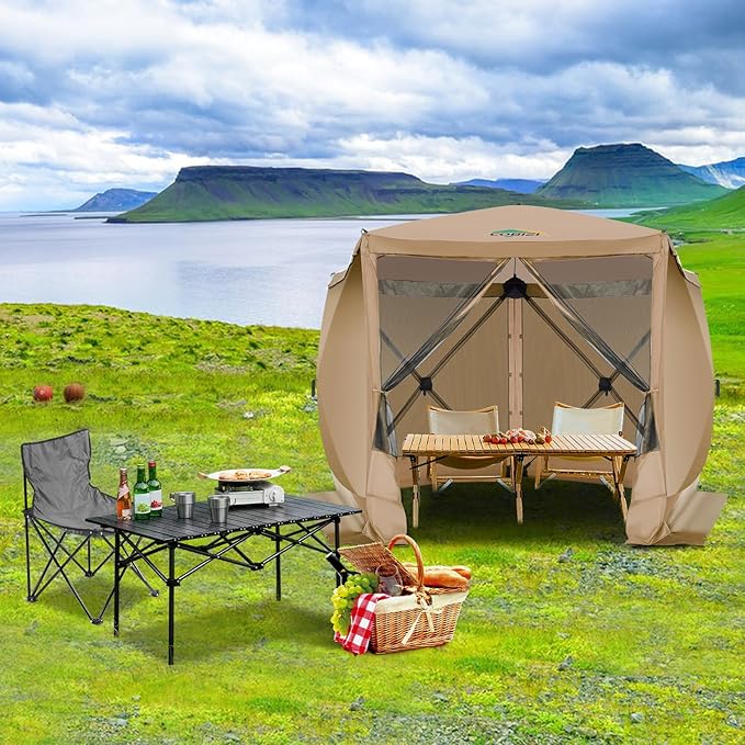 COBIZI 10x10 Pop up Gazebo Screen House Tent for Camping, Pop-up Camping Canopy with Sidewalls, Portable Outdoor Quick-Set Hub Tent with Carrying Bag&Ground Stakes, Khaki(Upgraded 2.0)