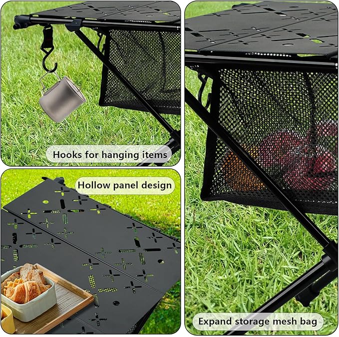 Foldable Camping Table - Portable Lightweight Aluminum Outdoor Table for Camping, Beach, Picnic | Compact Folding Design with Mesh Storage & Vented Top
