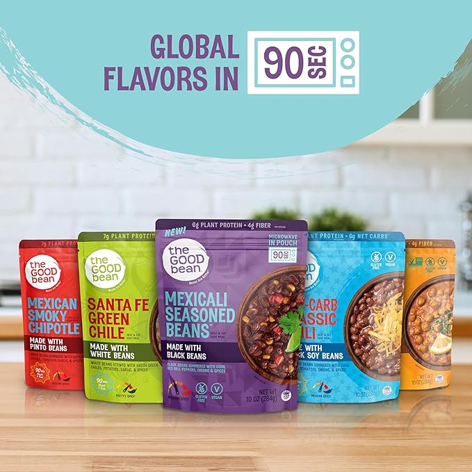 The Good Bean Heat and Eat Pouch - Low-Carb Classic Chili - (4 Pack) 10 oz Pouch - Simmered Black Soybeans with Chili Powder - Pre-Cooked Beans with Good Source of Plant Protein and Fiber