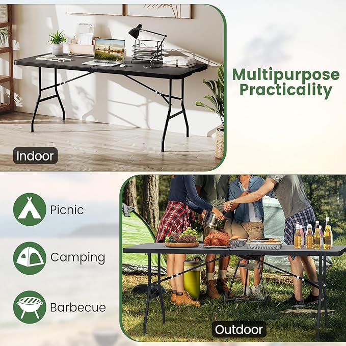 GYMAX 6FT Folding Table, Portable Lightweight Camping Table with Carry Handle, Easy Fold Up Rectangle Indoor/Outdoor Collapsible Table for Camp, Picnic, BBQ, Patio (Black (No Umbrella Hole))