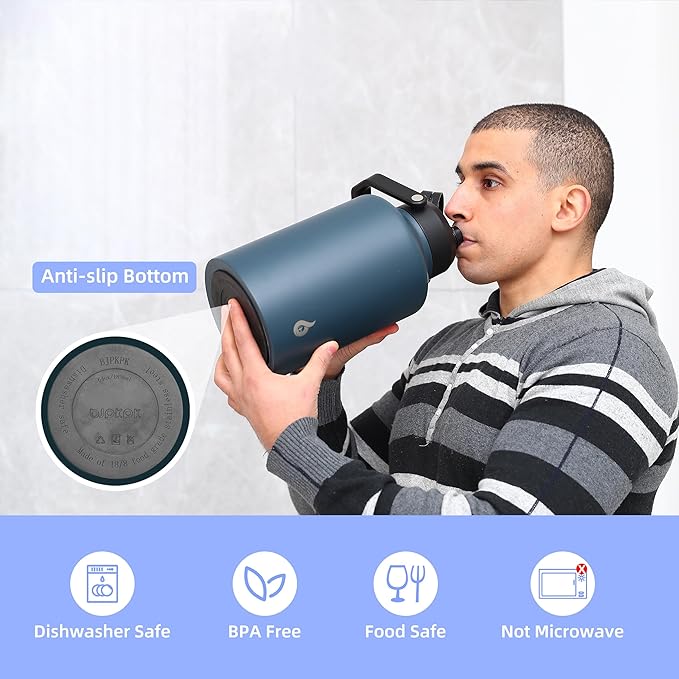 BJPKPK 64 oz Insulated Water Bottle, Dishwasher Safe Half Gallon Water Bottle with Ergonomic Handle, BPA Free Leak Proof Water Jug for Sports, Metal Thermo with Anti-slip Bottom, Grey