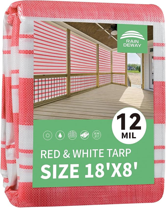 RAINDEWAY Tarps 8x18 Feet,12 Mil Sunshade Striped Tarp Waterproof,Multipurpose Poly Tarp Cover with Grommets and Reinforced Edges,Red/White Tarps